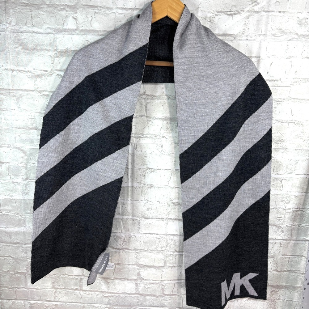 Michael Kors Men's MK Logo Jacquard Muffler Scarf Diagonal Stripe Black Grey